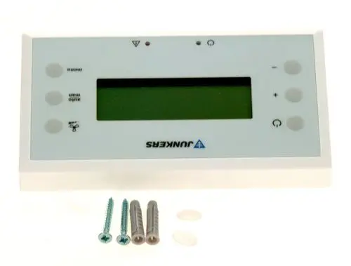 Weiße Steuerungseinheit mit LCD-Display und Bedientasten. Zubehörteile wie Schrauben und Dübel liegen daneben. Produkt trägt die Marke Bosch.